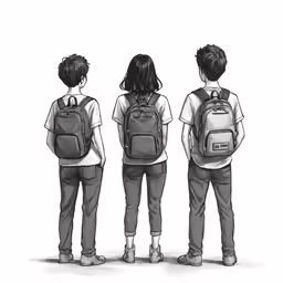 three young boys are looking at something with a back pack