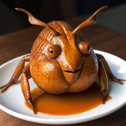 a wooden carving of a bug in sauce on a plate