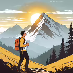 a man with a back pack on looking at the sun