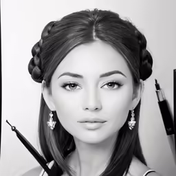 a woman with long hair with a pencil in her mouth