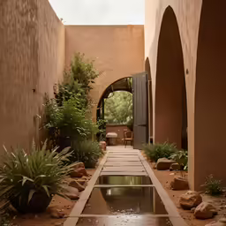 an outdoor courtyard with water flowing under it