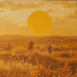 three people riding bikes on a grassy path