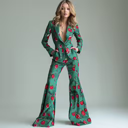 a woman standing on top of a white floor,a model wears a green suit with red roses