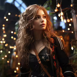 a beautiful woman with long hair wearing a black top,an image of a woman standing next to a christmas tree
