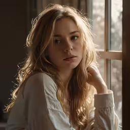 a woman is staring out the window while she holds her hair in her hand