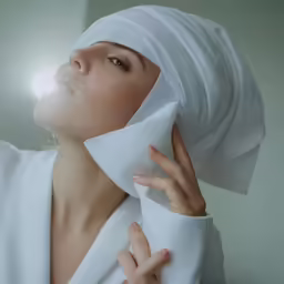 the woman is wearing white clothing in front of her