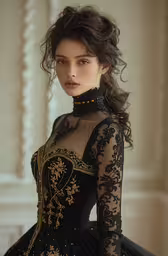 an asian woman wearing a black dress, with gold lace,a young woman in a black gown with gold decoration