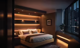 a nicely lit room that has a large bed in it