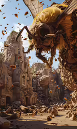 a giant dragon flies away as it approaches a small stone cave