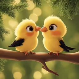 a couple of small yellow birds sitting on top of a tree