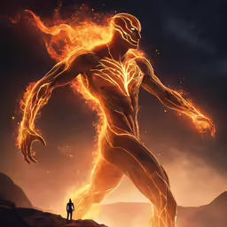 a man in a body suit standing on a cliff next to a giant fire