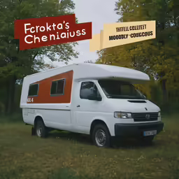 a food truck parked in the grass with forest in the background