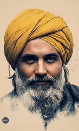 a man with yellow turban, wearing an orange head cover
