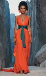 a woman in an orange gown standing in a rocky landscape