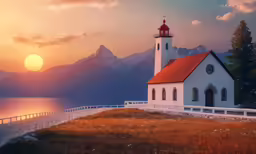 a church in the middle of a mountain range