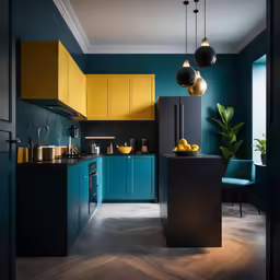 a kitchen that has some yellow and blue cabinets