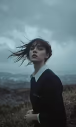 a young woman standing on a hill with her hair blowing in the wind
