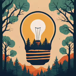 a poster of a tree - lined mountain with a light bulb over the top,a lightbulb with trees and a forest inside
