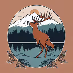 an illustrated image of a deer in front of a mountain lake,a deer standing in front of a mountain