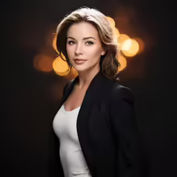 the woman in a black jacket is posing for the camera