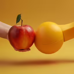 a apple and banana are holding the ends of a toy