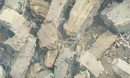 wood debris next to stones and sticks that are lying on the ground