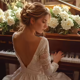 a woman is playing the piano and smiling