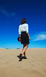 a girl walking on the sand of an area with bright blue skies