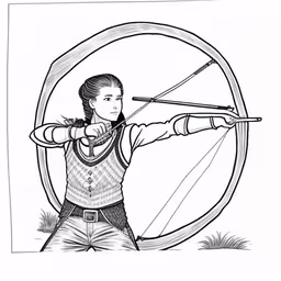 a woman archer aiming her bow at the target,a girl aiming at an object with a bow and arrow in her hand,the woman is holding a bow and arrow,an ink drawing of a girl archer pointing her arrow in front of an arrow,a girl shooting with a bow and arrow