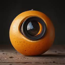 the orange on the table is displaying the lens