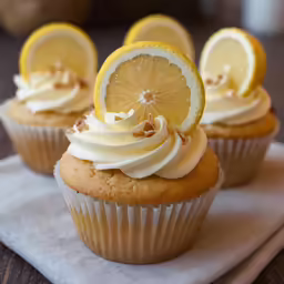 two cupcakes are topped with icing and cut into slices with lemon slices on top