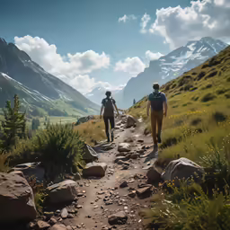 the two people are hiking up the mountain trail
