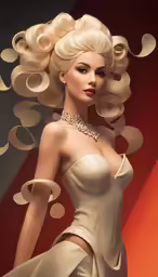 a woman wearing an elaborate dress poses in front of wavy hair
