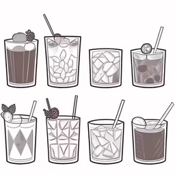 various glasses of cocktail with different ingredients and a straw,a set of different glasses with drinks in them
