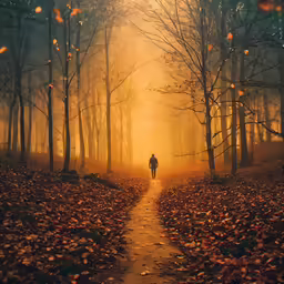 man walking alone into the dark woods on a bright fall day