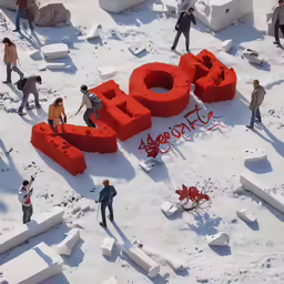 some people standing in a snow covered landscape and building letters