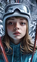a very pretty girl wearing skis in front of a snow covered forest
