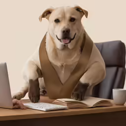 dog sitting on desk with laptop, arms stretched out and looking at viewer