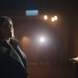 a woman standing in a darkened room