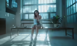 an image of a beautiful young lady sitting in a large room