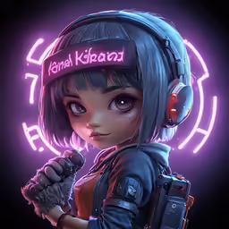 a video game character wearing headphones with neon lights in the background