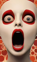 an evil woman wearing red makeup and red polka dots