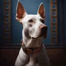 a dog standing next to a mirror in a room