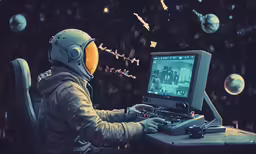 an image of astronaut sitting in front of computer with space and planets surrounding it