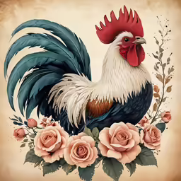 a rooster on some roses with one eye closed