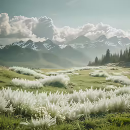 the mountains are covered in white frosty grass