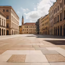a very long walk way with large buildings on each side