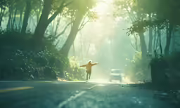 a person holding their arms out in the road as the sun sets