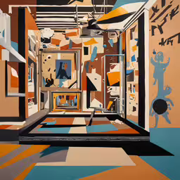 a brightly painted room with paintings and a painting of a man in the distance,a large room with several pieces of colorful artwork on the walls