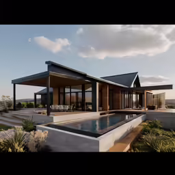 a building has been designed with a pool next to it